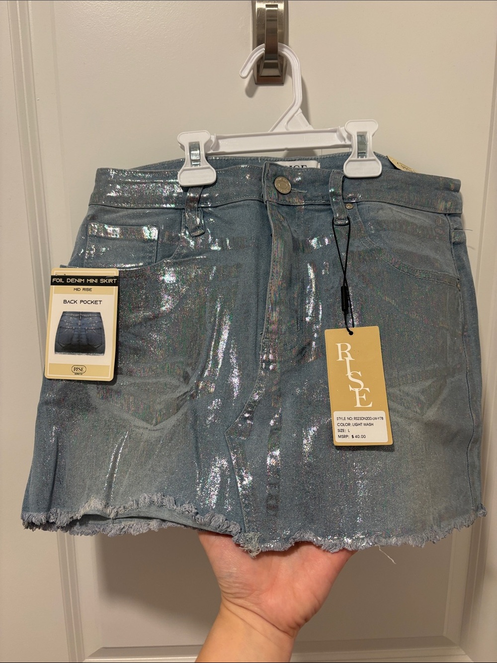 Foil Denim Mini Skirt in Iridescent Light Blue